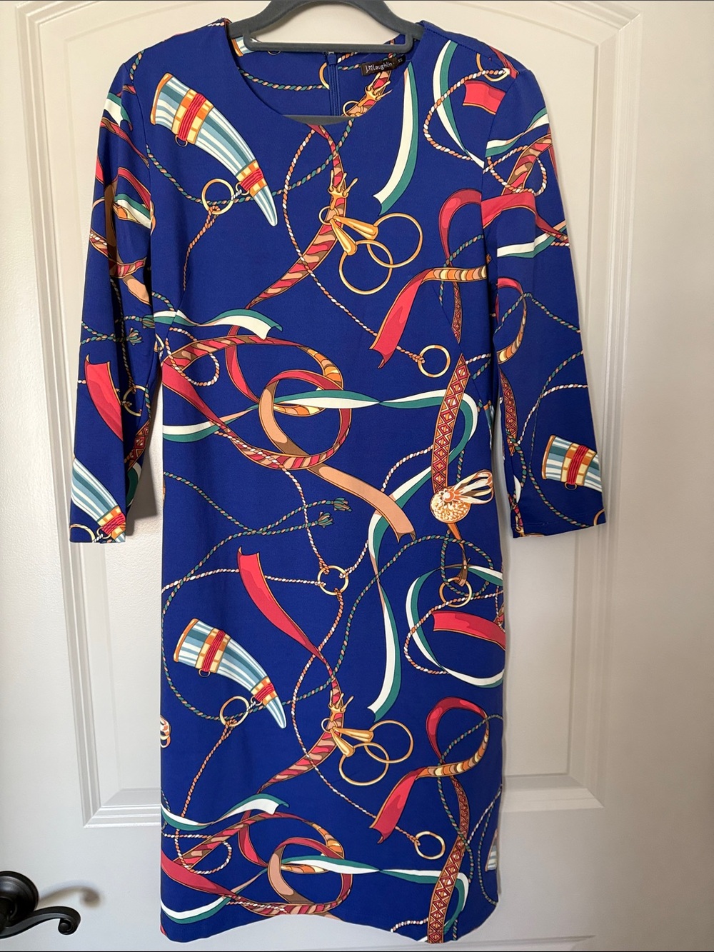 J. McLaughlin XS Women's Blue Patterned Sheath Dress with Rope and Ribbon Print